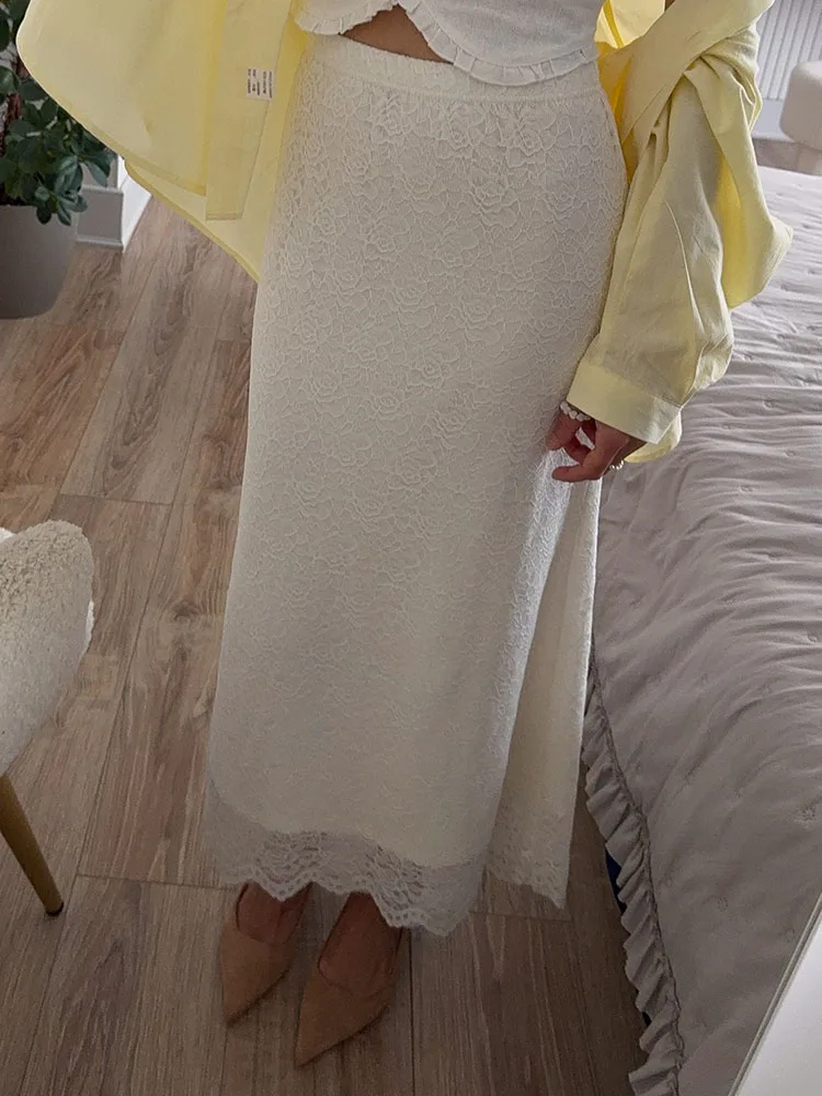 White Lace Skirt Maxi Bodycon Women Summer Office Wear Elegant Formal Skirts With Lace Lady Elastic Waist Lace Black Skirt Long