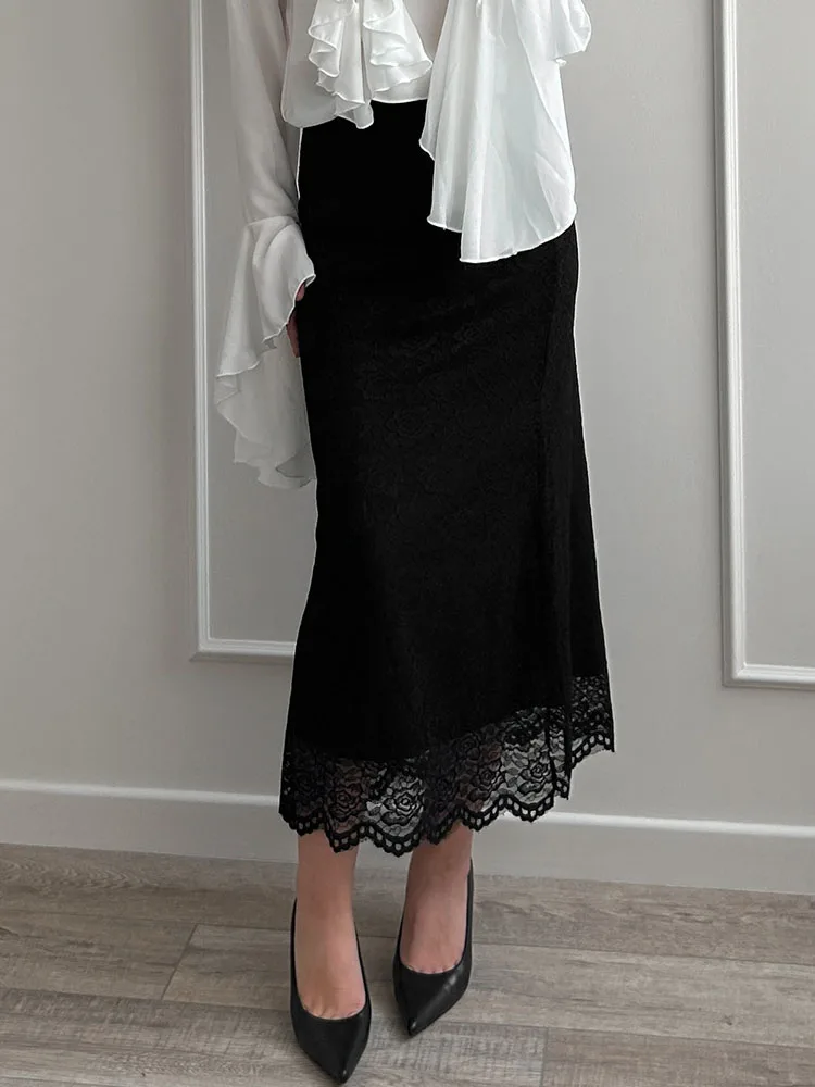 White Lace Skirt Maxi Bodycon Women Summer Office Wear Elegant Formal Skirts With Lace Lady Elastic Waist Lace Black Skirt Long