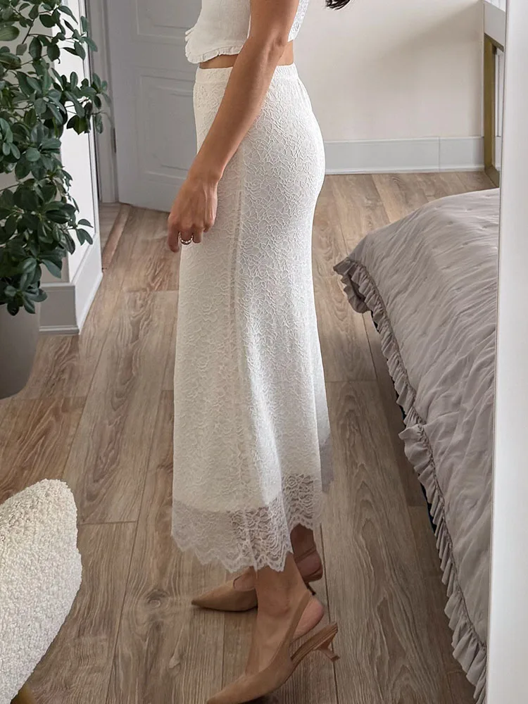 White Lace Skirt Maxi Bodycon Women Summer Office Wear Elegant Formal Skirts With Lace Lady Elastic Waist Lace Black Skirt Long