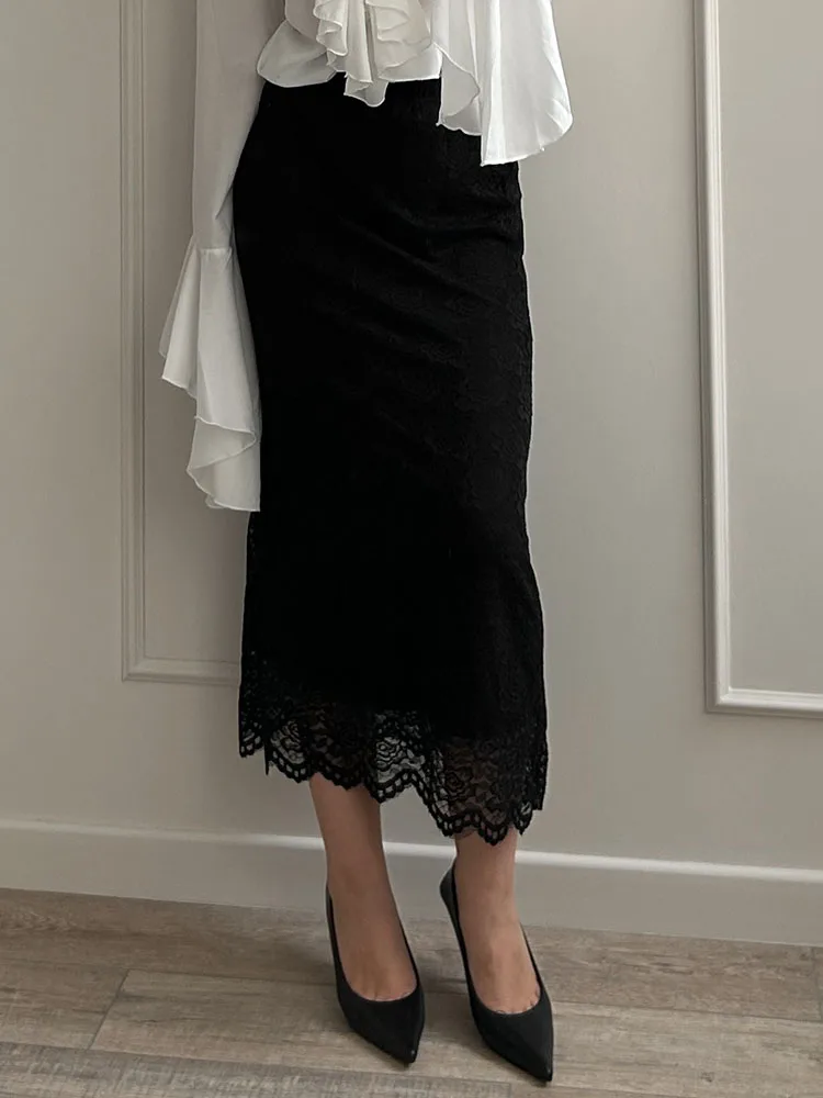 White Lace Skirt Maxi Bodycon Women Summer Office Wear Elegant Formal Skirts With Lace Lady Elastic Waist Lace Black Skirt Long