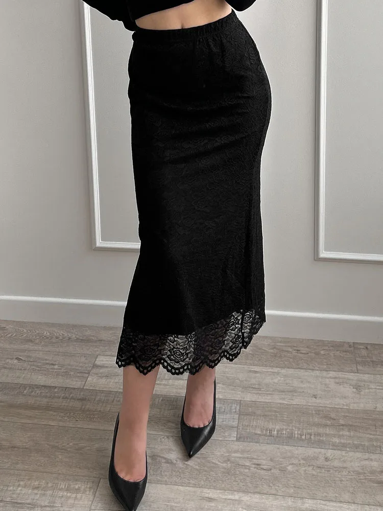 White Lace Skirt Maxi Bodycon Women Summer Office Wear Elegant Formal Skirts With Lace Lady Elastic Waist Lace Black Skirt Long