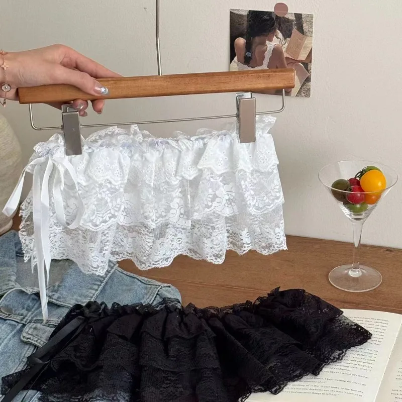 2026 Korean Ins Unique Lace Layered Gauze Skirts Lace Trim A-Line Short Cloth Mini Waist Skirts Harajuku Girl's White Skirts