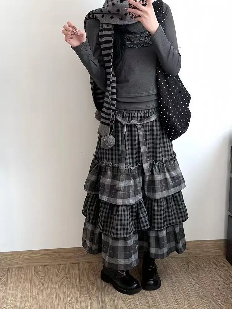 Japanese Style Vintage Puffy Cake Skirt Women Sweet Plaid Patchwork Ruched A-line Midi Skirts Harajuku Aesthetic Casual Clothing
