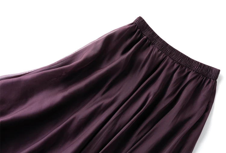 Women Silk Skirt 100% Mulberry Silk Purple With Double Lining Summer Beach Elastic Waist Vacation Skirts Office Lady Party MM795