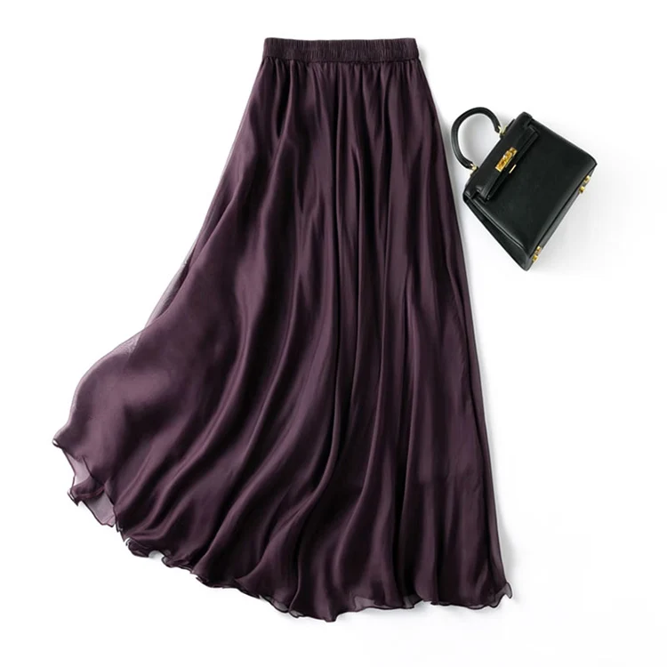 Women Silk Skirt 100% Mulberry Silk Purple With Double Lining Summer Beach Elastic Waist Vacation Skirts Office Lady Party MM795