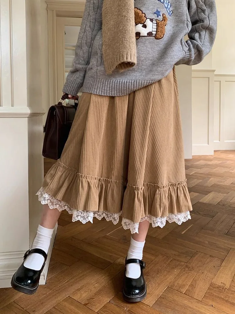 Spring Sweet Cute Long Skirt Women Vintage Preppy Style Lace Patchwork Kawaii Skirts Japan Retro Casual Lady Elegant Long Skirts