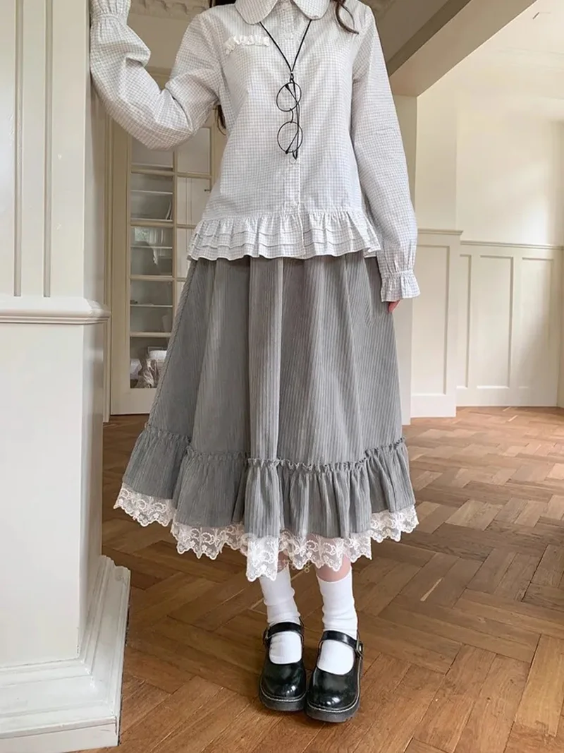 Spring Sweet Cute Long Skirt Women Vintage Preppy Style Lace Patchwork Kawaii Skirts Japan Retro Casual Lady Elegant Long Skirts