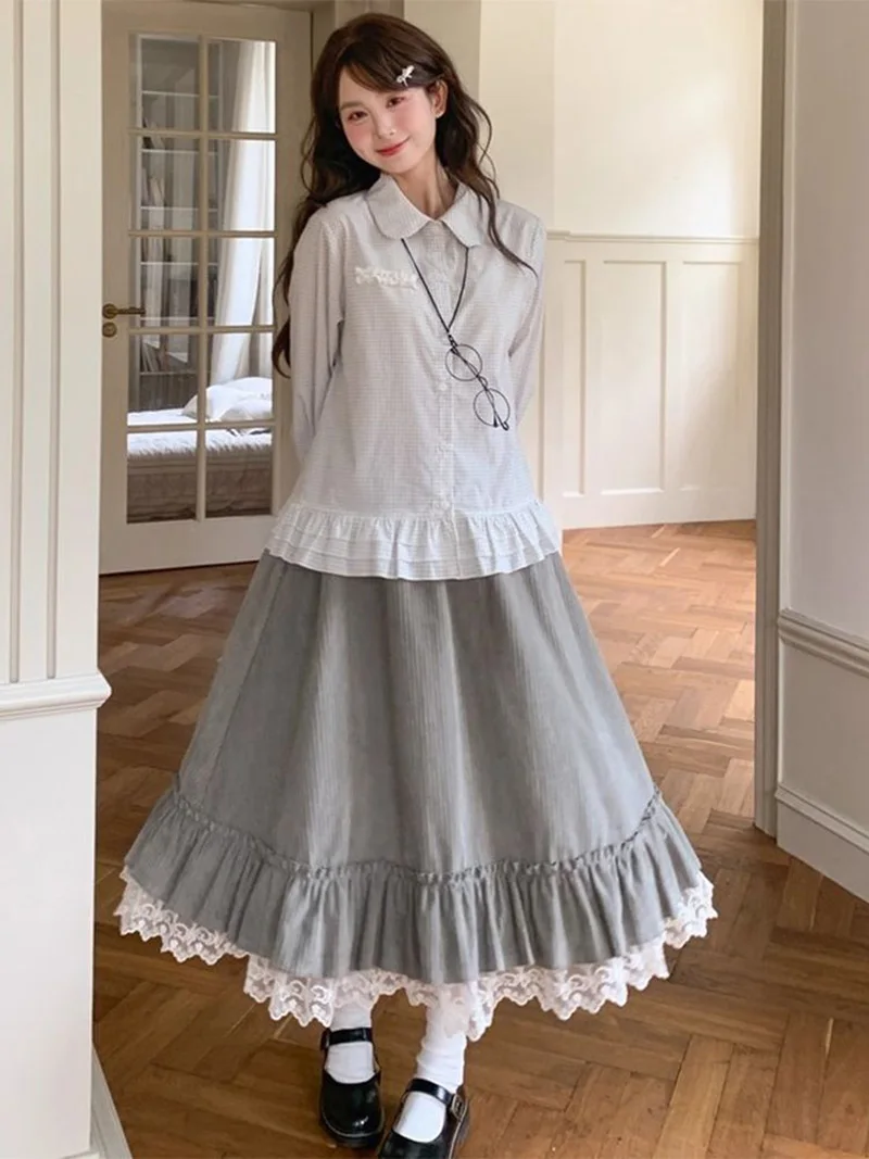 Spring Sweet Cute Long Skirt Women Vintage Preppy Style Lace Patchwork Kawaii Skirts Japan Retro Casual Lady Elegant Long Skirts