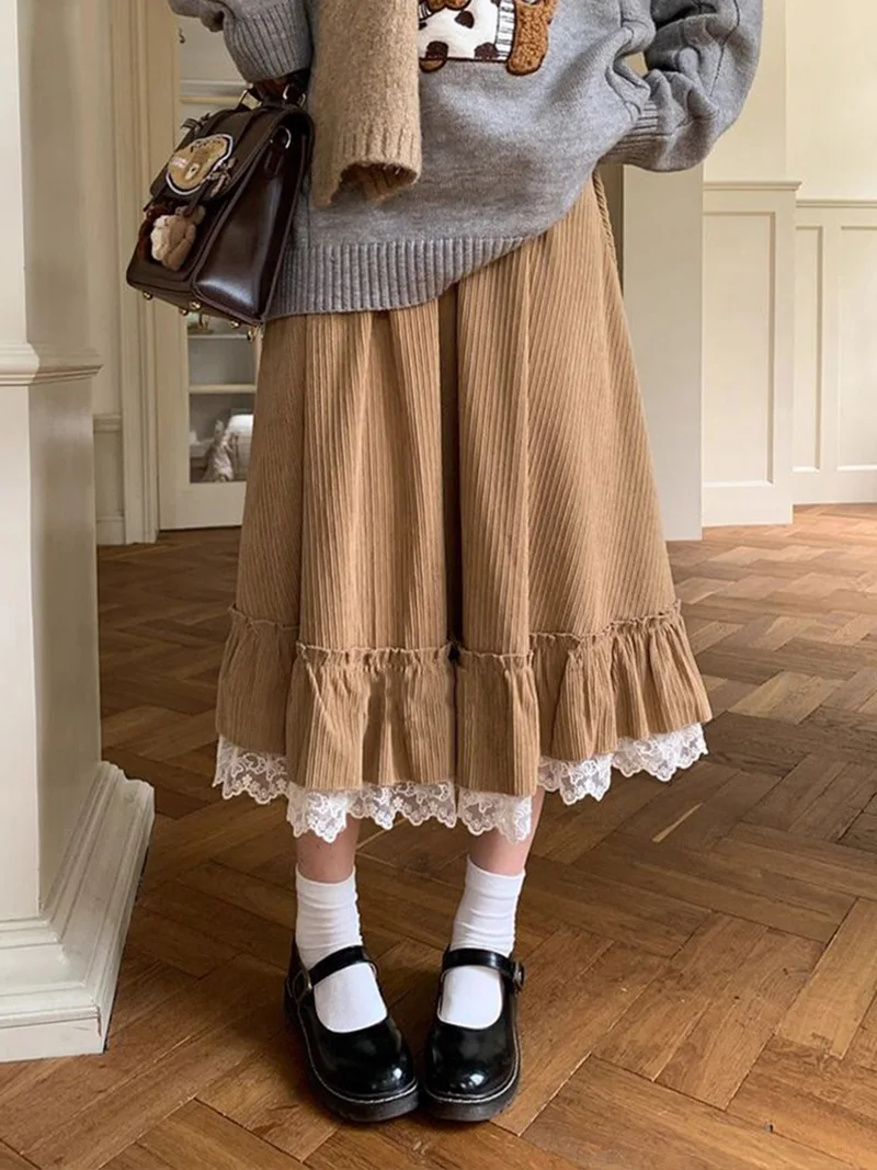 Spring Sweet Cute Long Skirt Women Vintage Preppy Style Lace Patchwork Kawaii Skirts Japan Retro Casual Lady Elegant Long Skirts