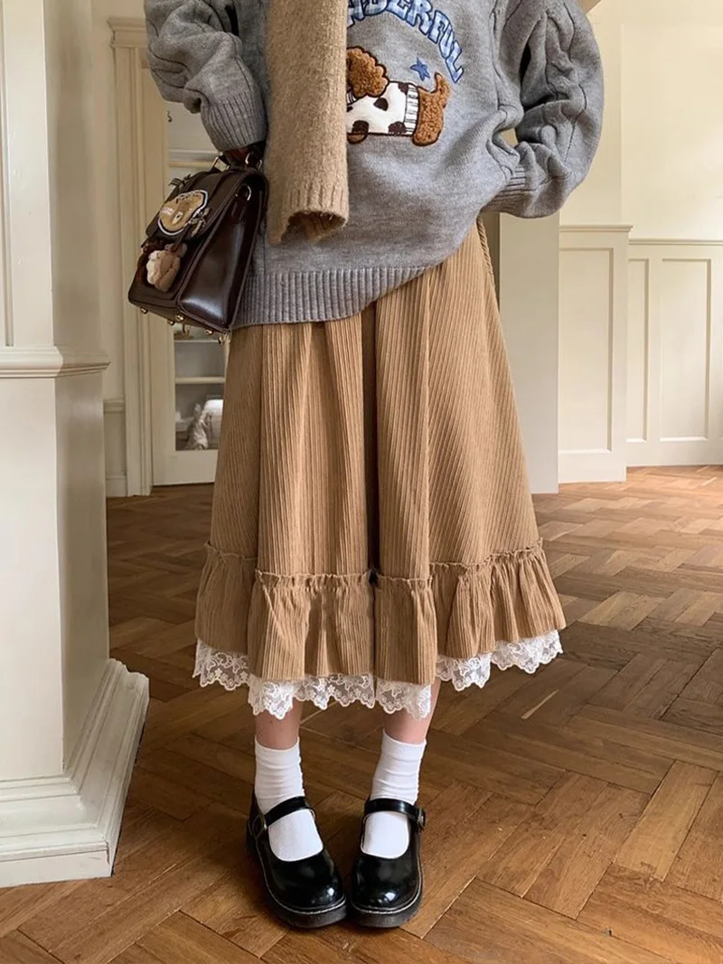 Spring Sweet Cute Long Skirt Women Vintage Preppy Style Lace Patchwork Kawaii Skirts Japan Retro Casual Lady Elegant Long Skirts