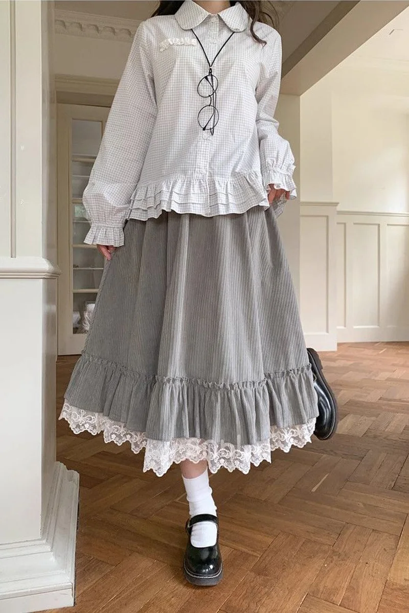 Spring Sweet Cute Long Skirt Women Vintage Preppy Style Lace Patchwork Kawaii Skirts Japan Retro Casual Lady Elegant Long Skirts