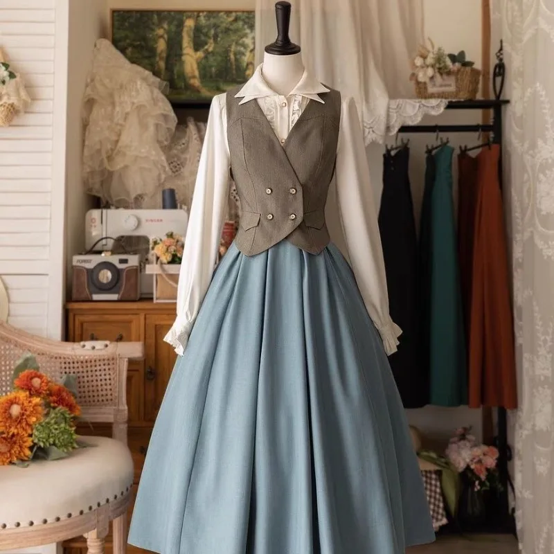 Vintage Victorian Lolita Midi Skirt Women Elegant Sweet Y2k Button Slim A-Line Long Skirts Japanese Female Classical Party Skirt