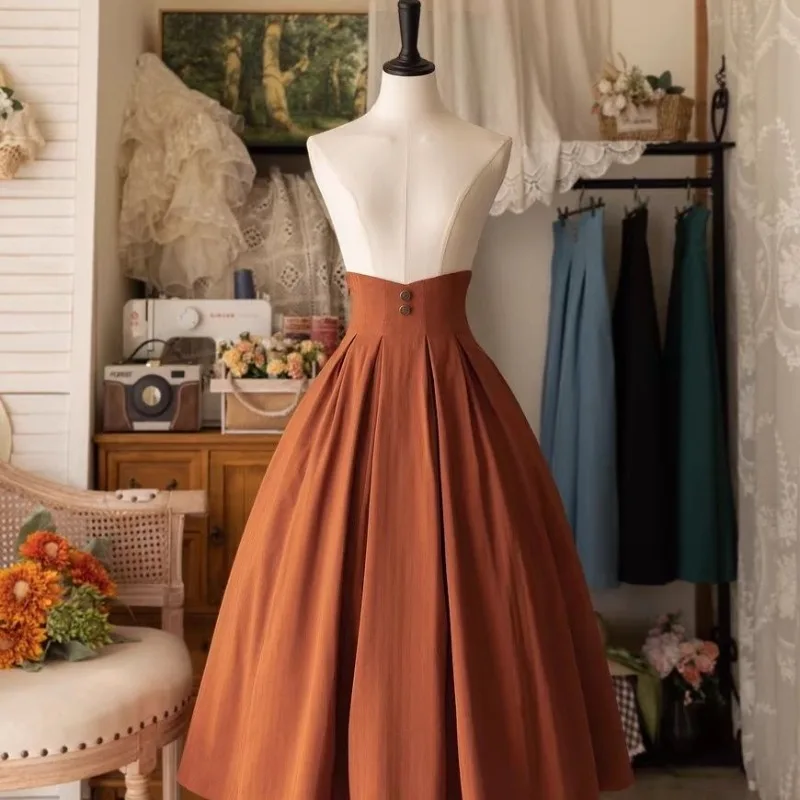 Vintage Victorian Lolita Midi Skirt Women Elegant Sweet Y2k Button Slim A-Line Long Skirts Japanese Female Classical Party Skirt