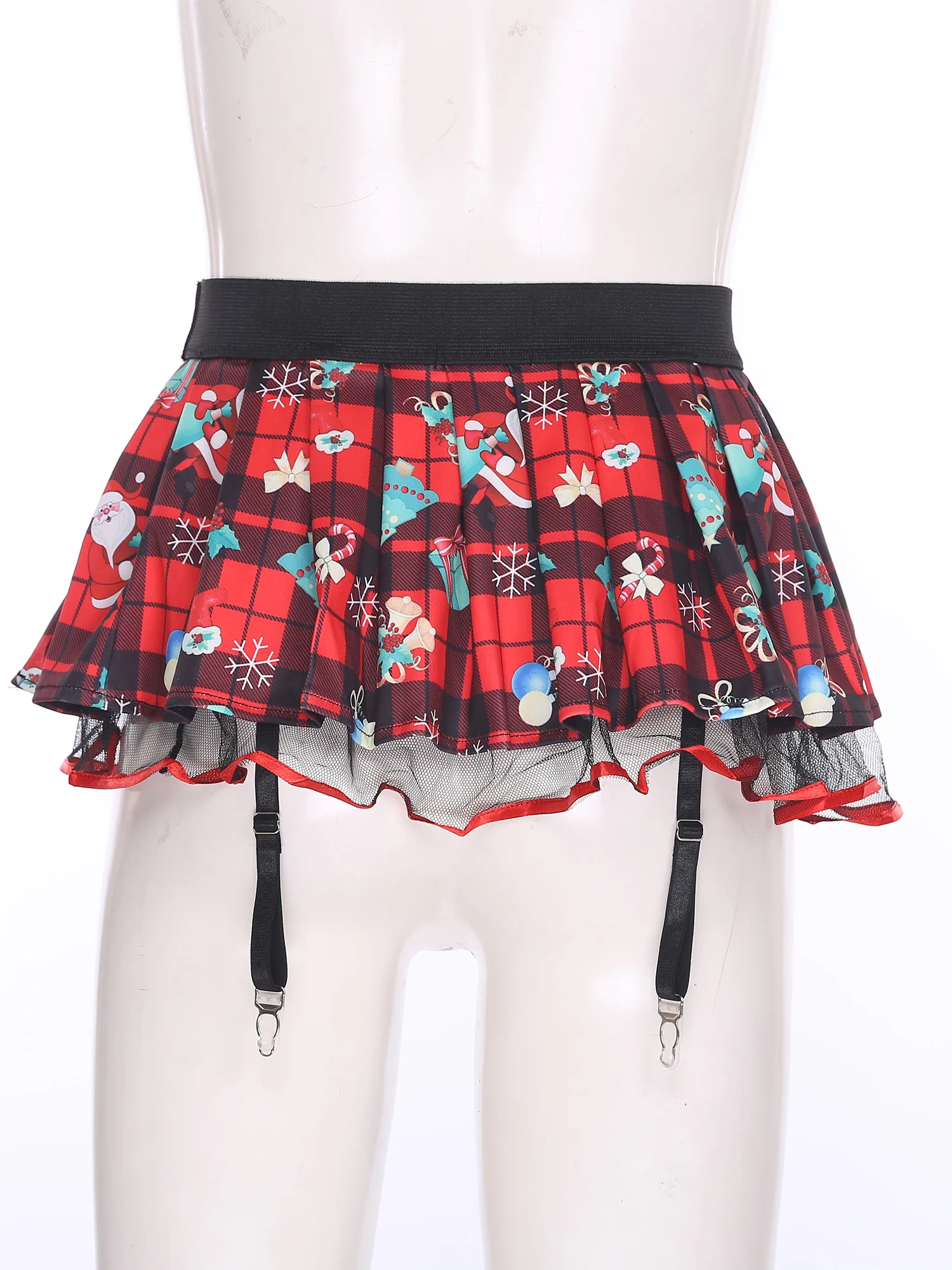 Womens Schoolgirl Role Play Mini Skirt with Garters Pleated Plaid Layer Tulle Lining Elastic Waistband Skirts Nightclub Lingerie