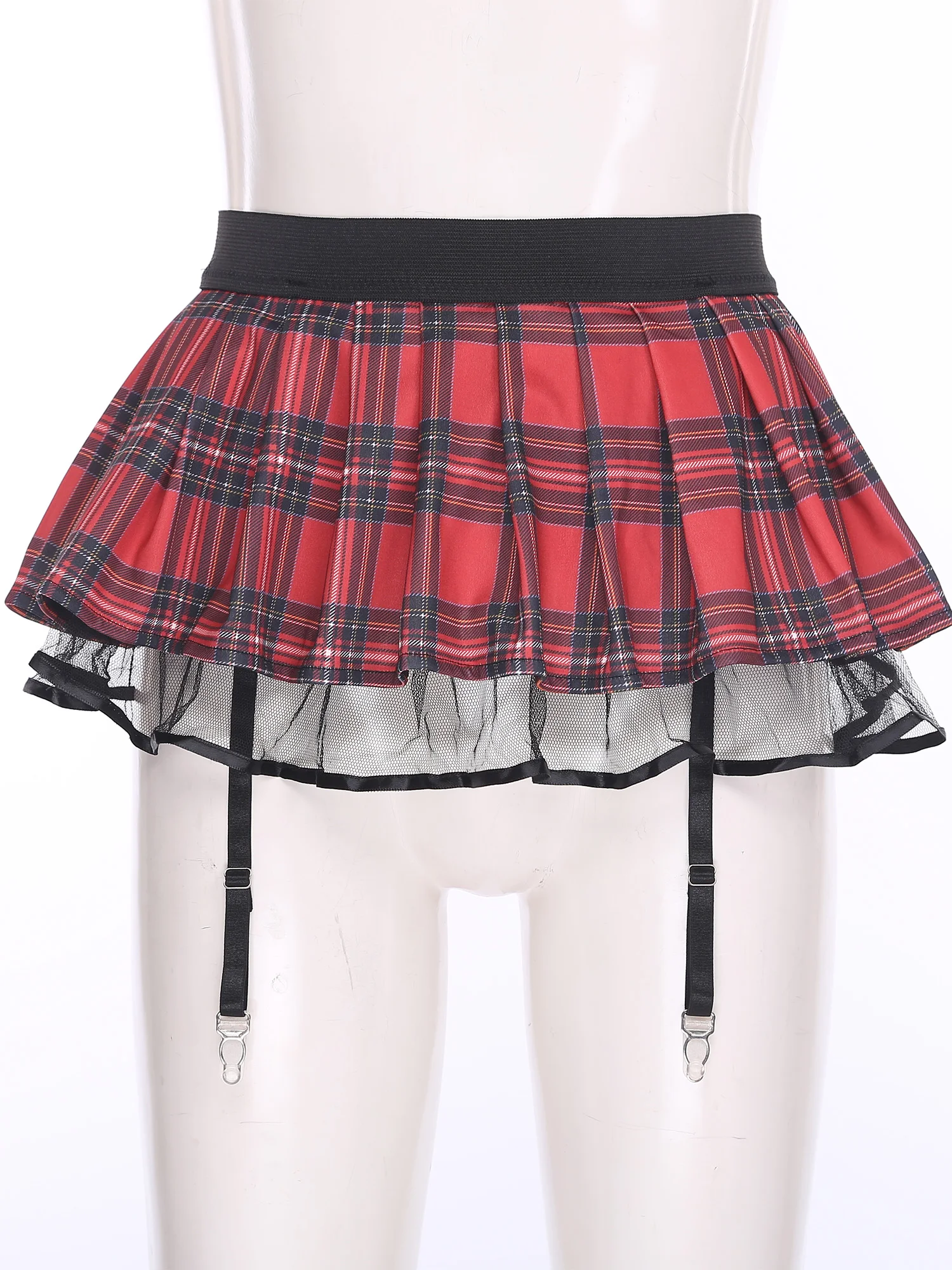 Womens Schoolgirl Role Play Mini Skirt with Garters Pleated Plaid Layer Tulle Lining Elastic Waistband Skirts Nightclub Lingerie