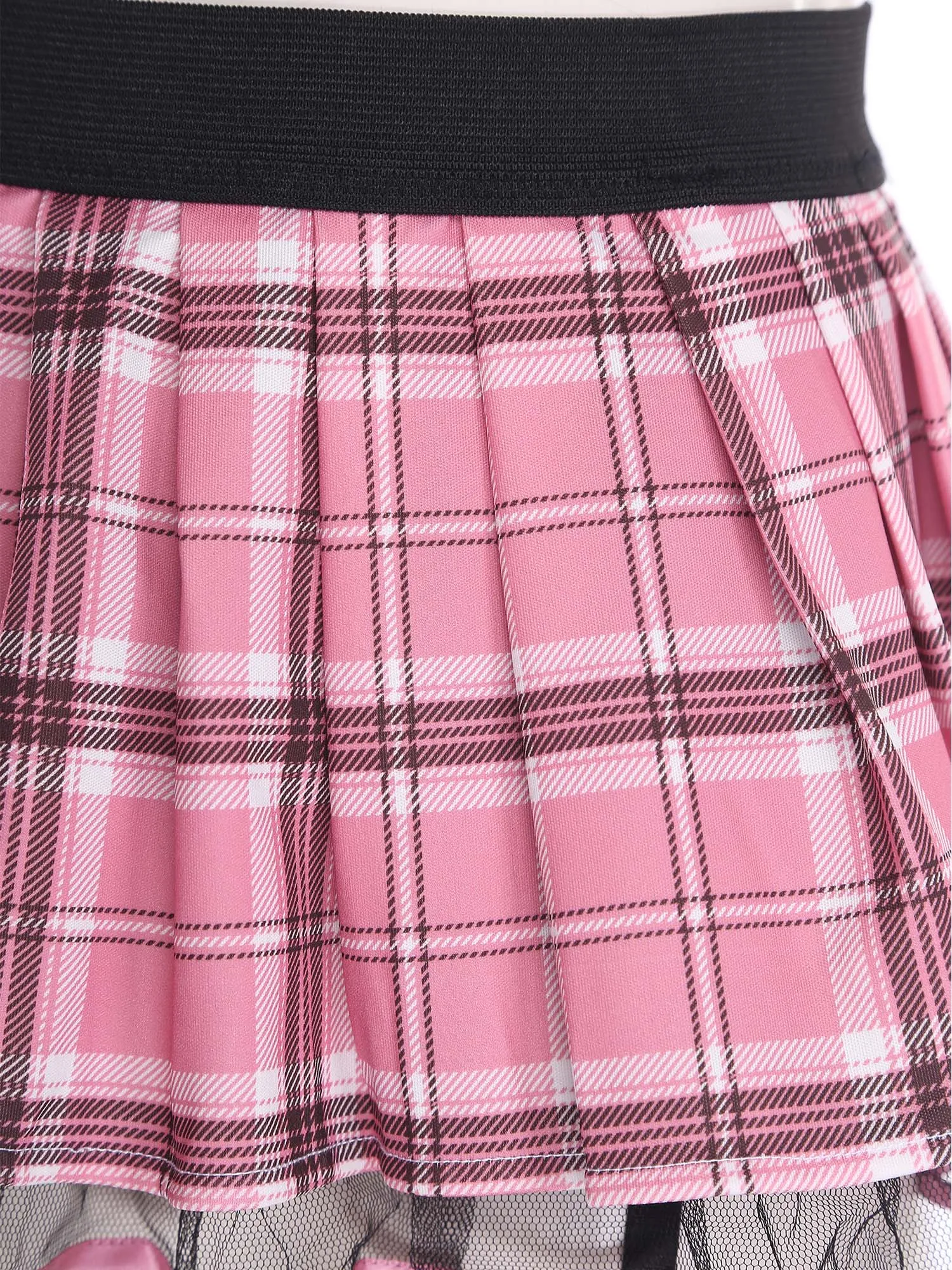 Womens Schoolgirl Role Play Mini Skirt with Garters Pleated Plaid Layer Tulle Lining Elastic Waistband Skirts Nightclub Lingerie