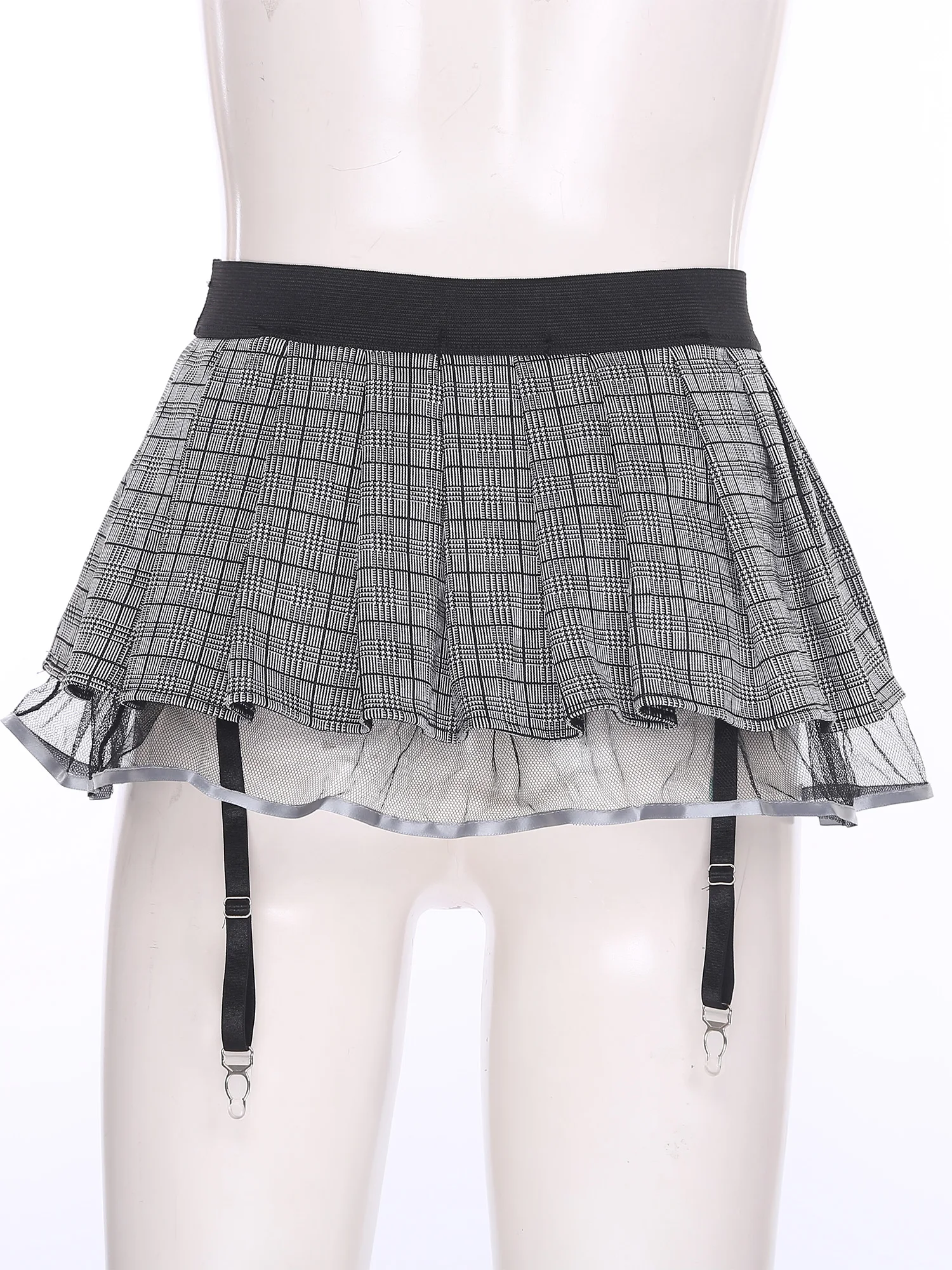 Womens Schoolgirl Role Play Mini Skirt with Garters Pleated Plaid Layer Tulle Lining Elastic Waistband Skirts Nightclub Lingerie