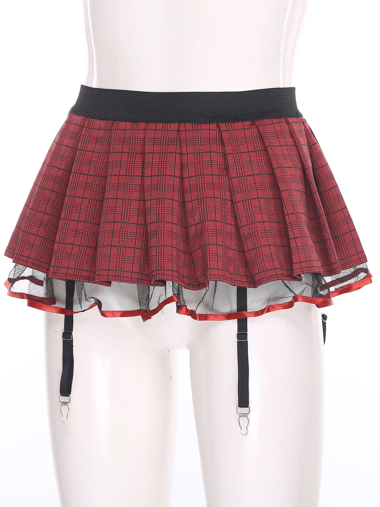 Womens Schoolgirl Role Play Mini Skirt with Garters Pleated Plaid Layer Tulle Lining Elastic Waistband Skirts Nightclub Lingerie