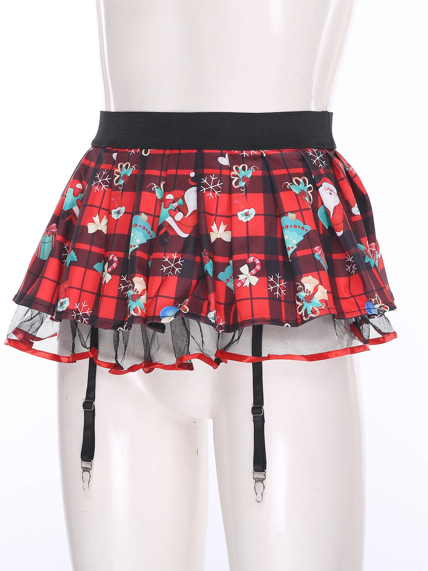 Womens Schoolgirl Role Play Mini Skirt with Garters Pleated Plaid Layer Tulle Lining Elastic Waistband Skirts Nightclub Lingerie