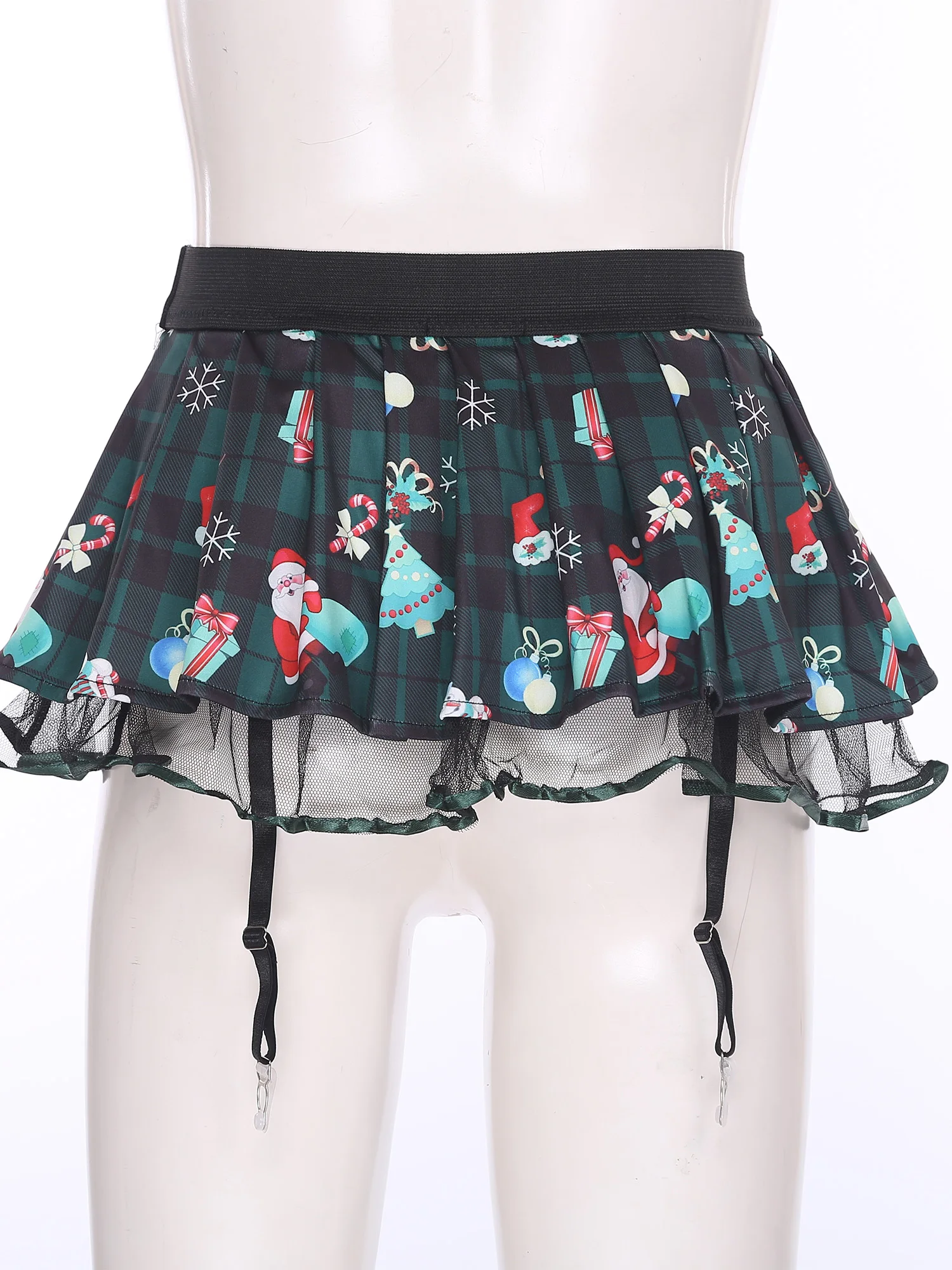 Womens Schoolgirl Role Play Mini Skirt with Garters Pleated Plaid Layer Tulle Lining Elastic Waistband Skirts Nightclub Lingerie