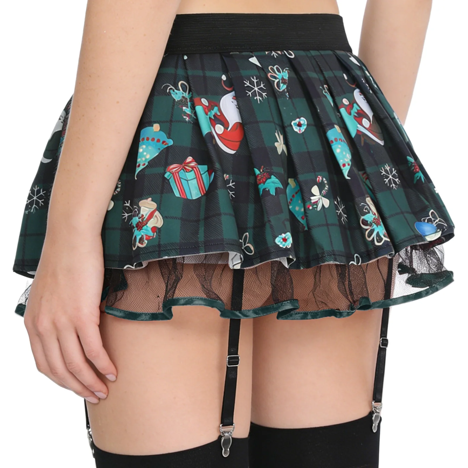 Womens Schoolgirl Role Play Mini Skirt with Garters Pleated Plaid Layer Tulle Lining Elastic Waistband Skirts Nightclub Lingerie