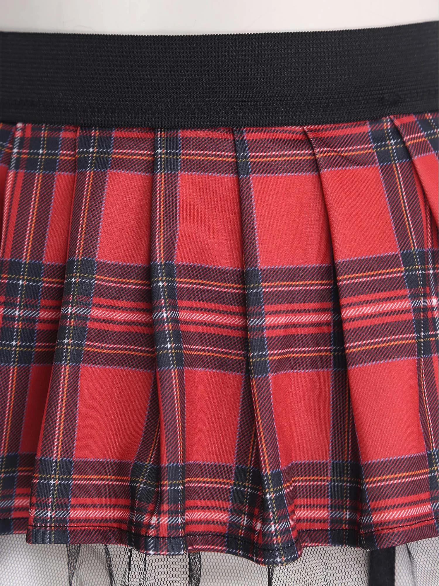 Womens Schoolgirl Role Play Mini Skirt with Garters Pleated Plaid Layer Tulle Lining Elastic Waistband Skirts Nightclub Lingerie