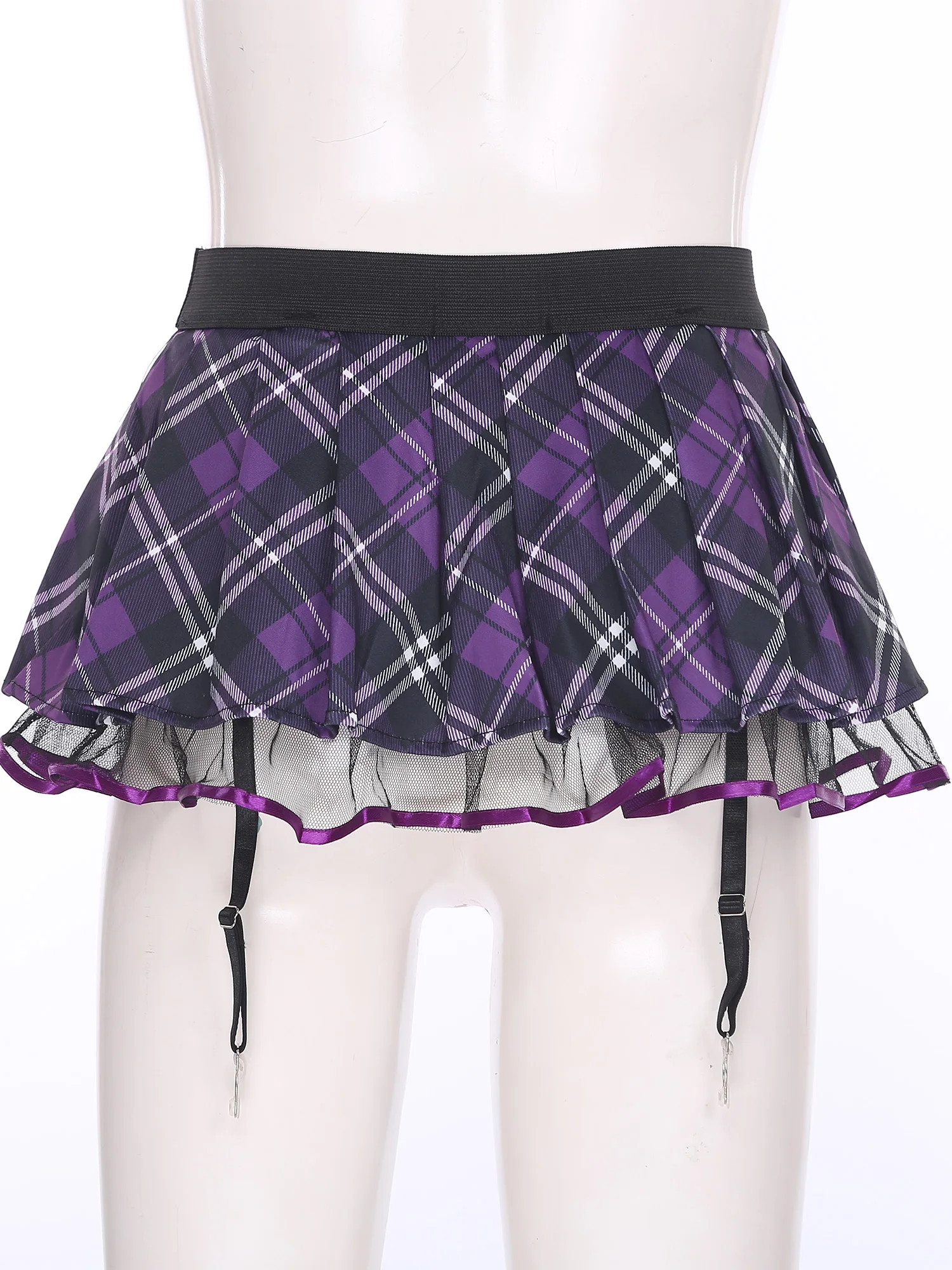 Womens Schoolgirl Role Play Mini Skirt with Garters Pleated Plaid Layer Tulle Lining Elastic Waistband Skirts Nightclub Lingerie