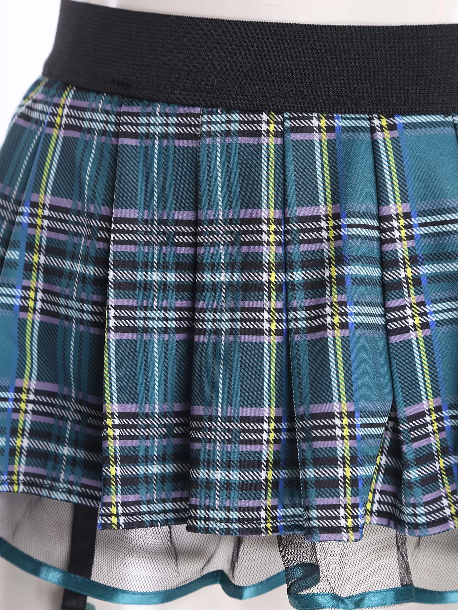 Womens Schoolgirl Role Play Mini Skirt with Garters Pleated Plaid Layer Tulle Lining Elastic Waistband Skirts Nightclub Lingerie