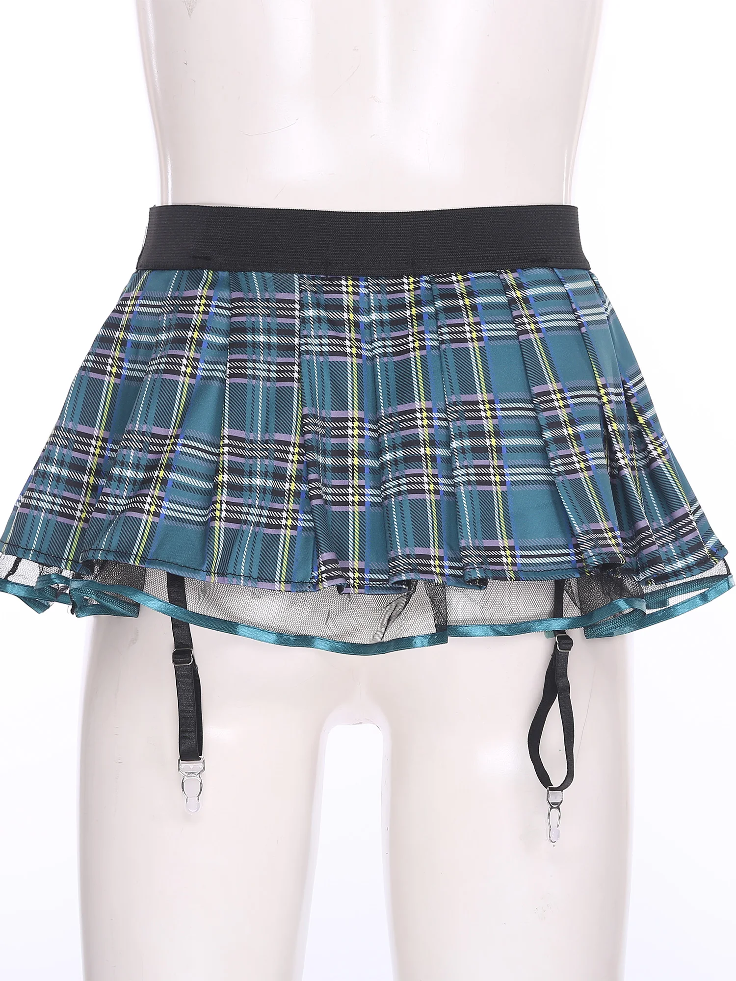Womens Schoolgirl Role Play Mini Skirt with Garters Pleated Plaid Layer Tulle Lining Elastic Waistband Skirts Nightclub Lingerie