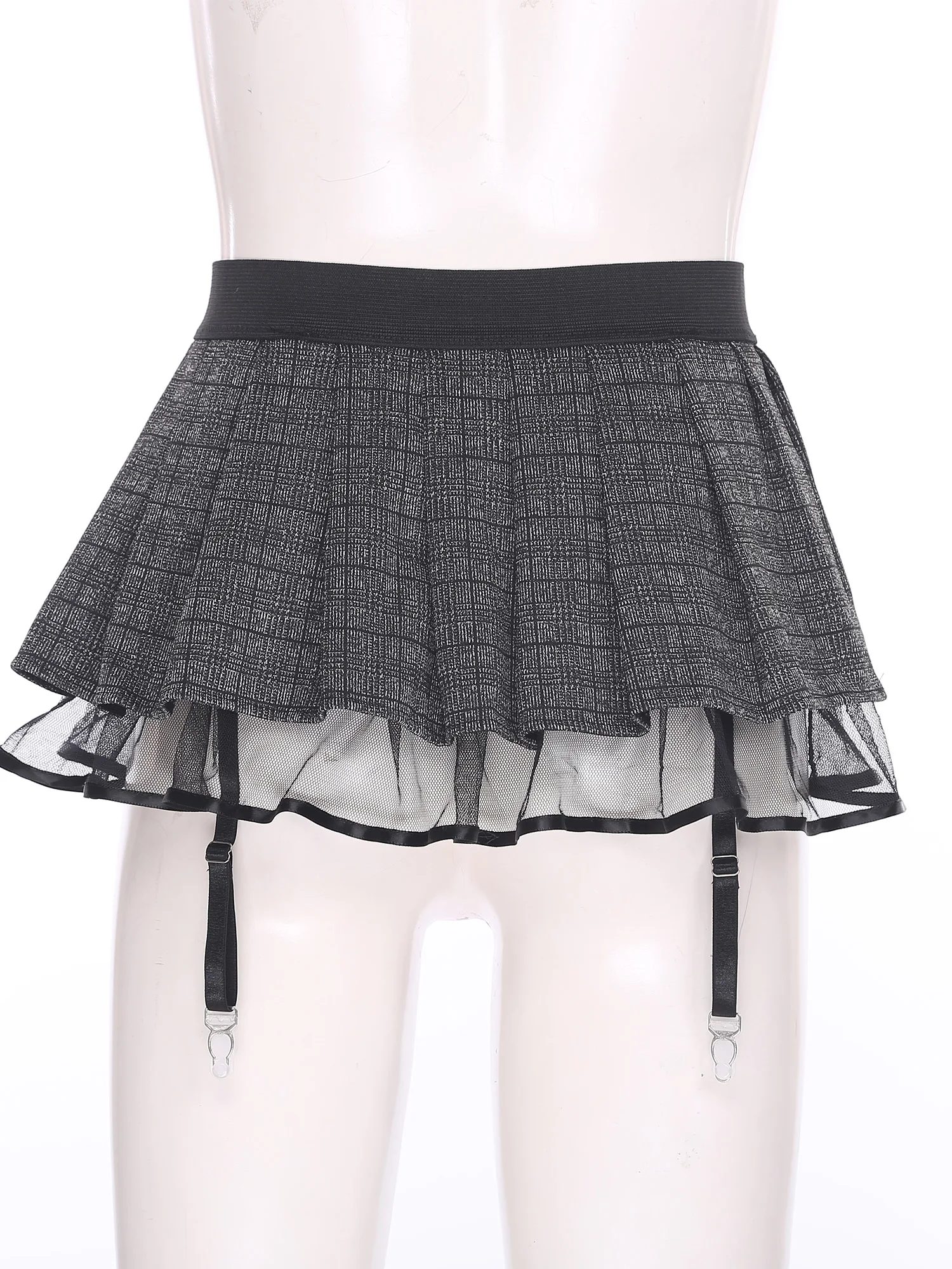 Womens Schoolgirl Role Play Mini Skirt with Garters Pleated Plaid Layer Tulle Lining Elastic Waistband Skirts Nightclub Lingerie