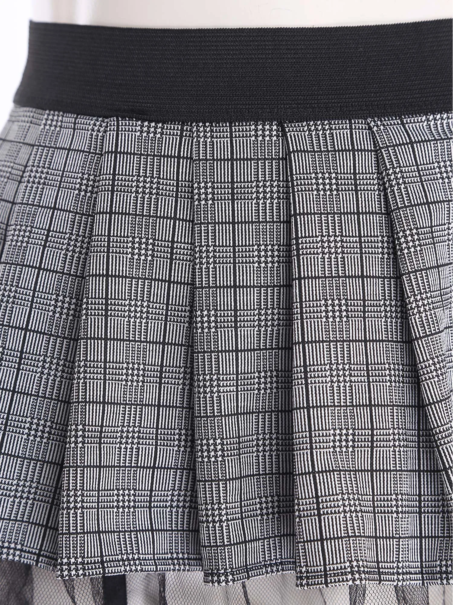 Womens Schoolgirl Role Play Mini Skirt with Garters Pleated Plaid Layer Tulle Lining Elastic Waistband Skirts Nightclub Lingerie