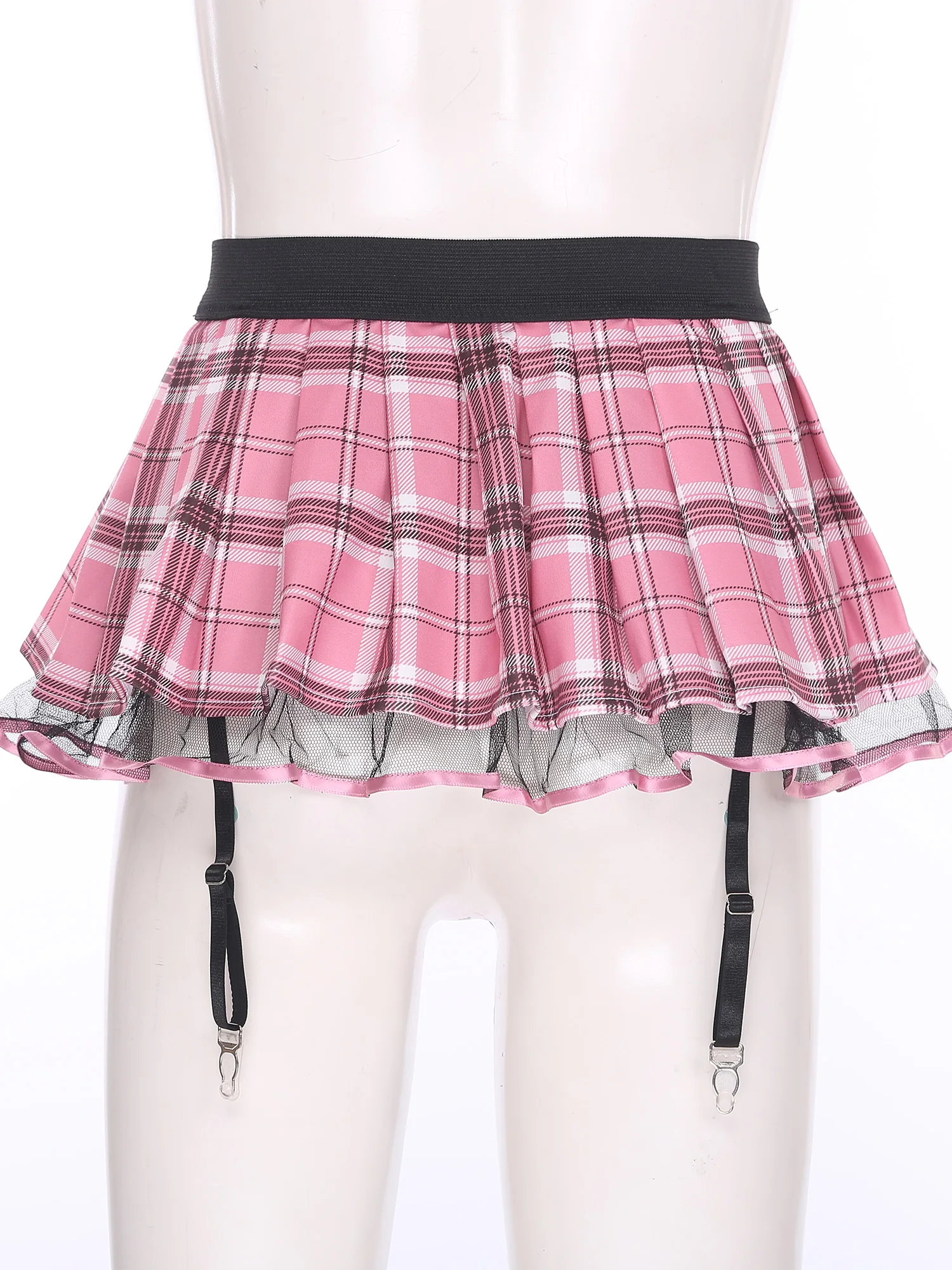 Womens Schoolgirl Role Play Mini Skirt with Garters Pleated Plaid Layer Tulle Lining Elastic Waistband Skirts Nightclub Lingerie