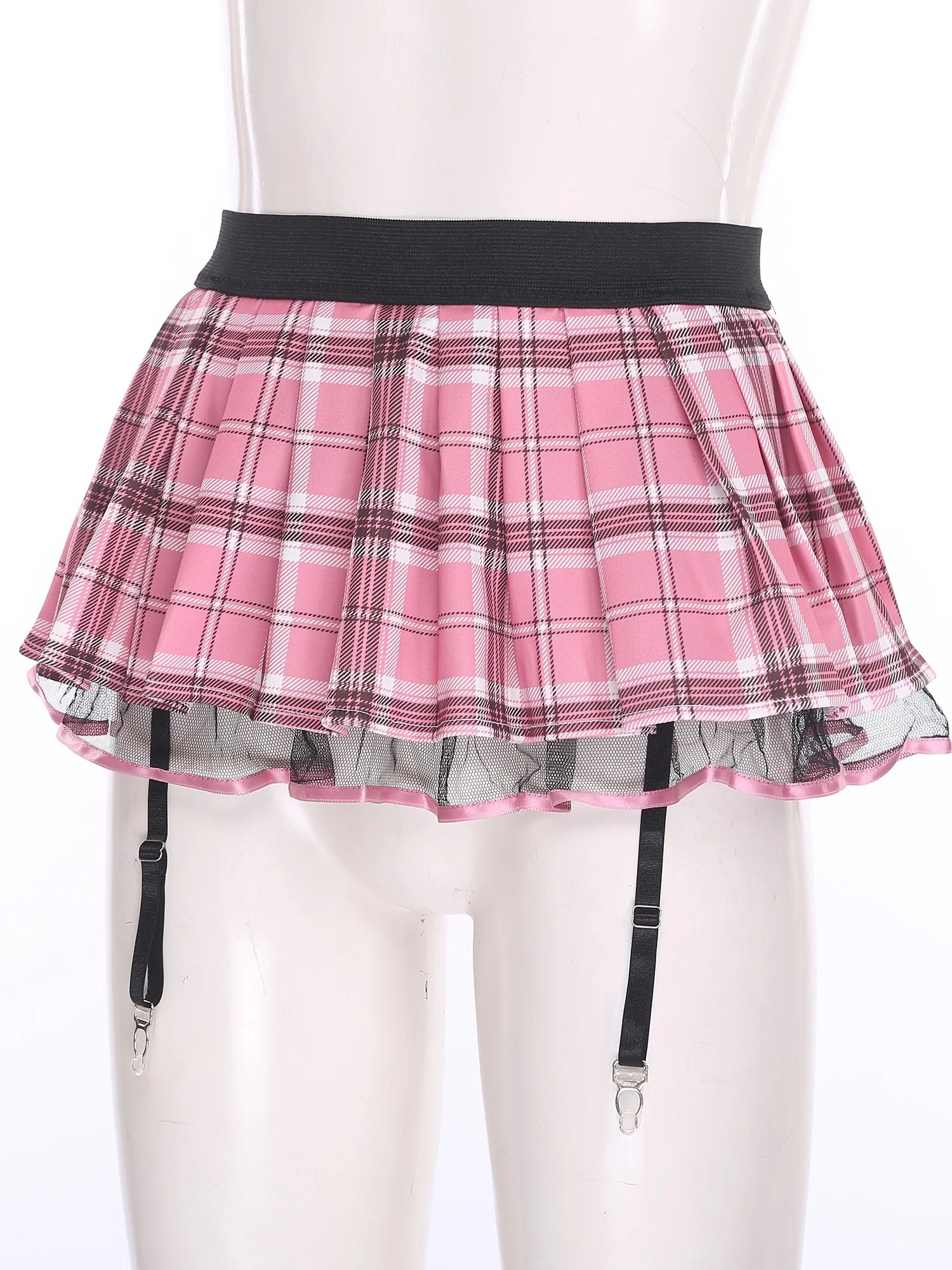 Womens Schoolgirl Role Play Mini Skirt with Garters Pleated Plaid Layer Tulle Lining Elastic Waistband Skirts Nightclub Lingerie