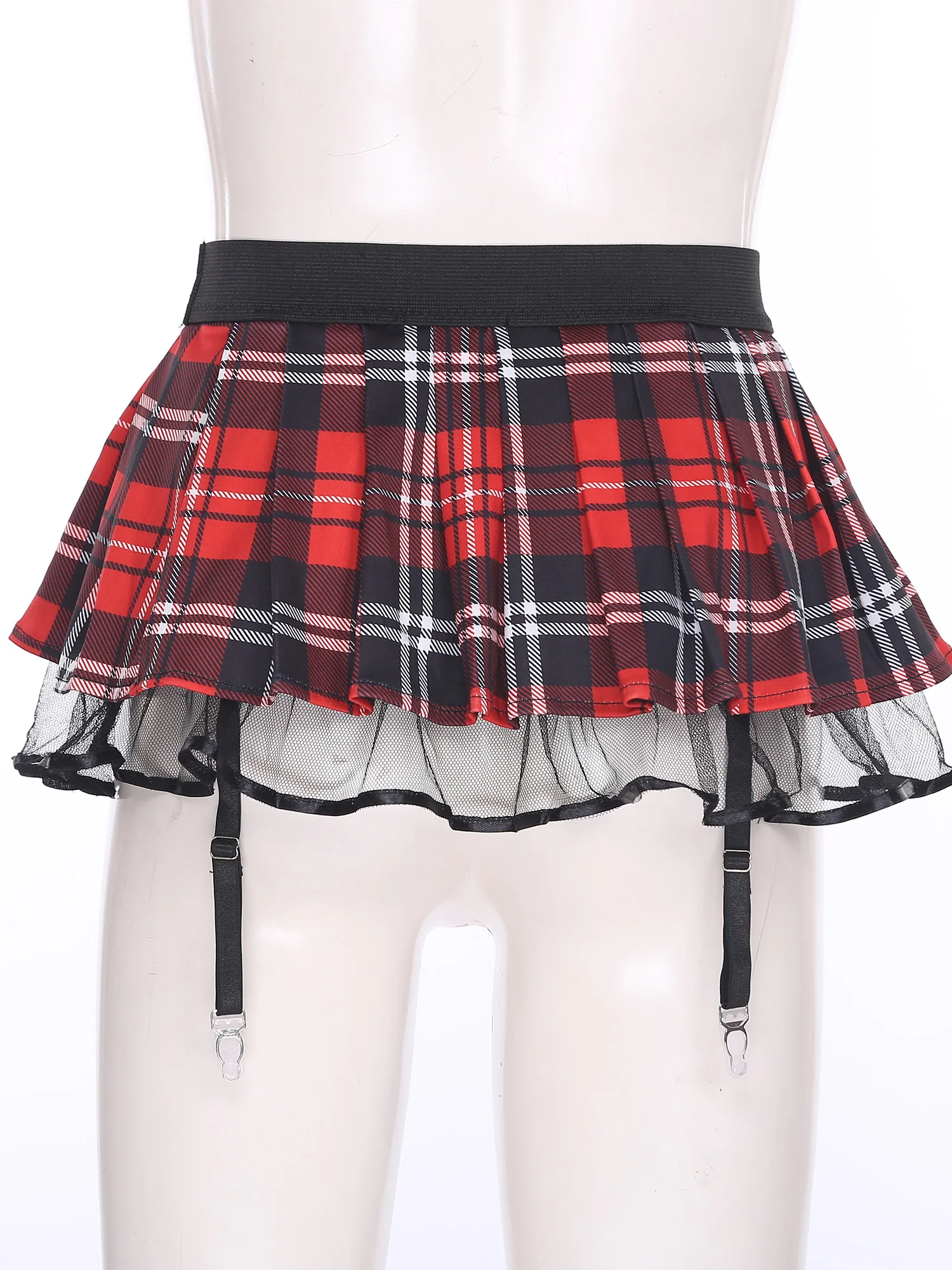 Womens Schoolgirl Role Play Mini Skirt with Garters Pleated Plaid Layer Tulle Lining Elastic Waistband Skirts Nightclub Lingerie