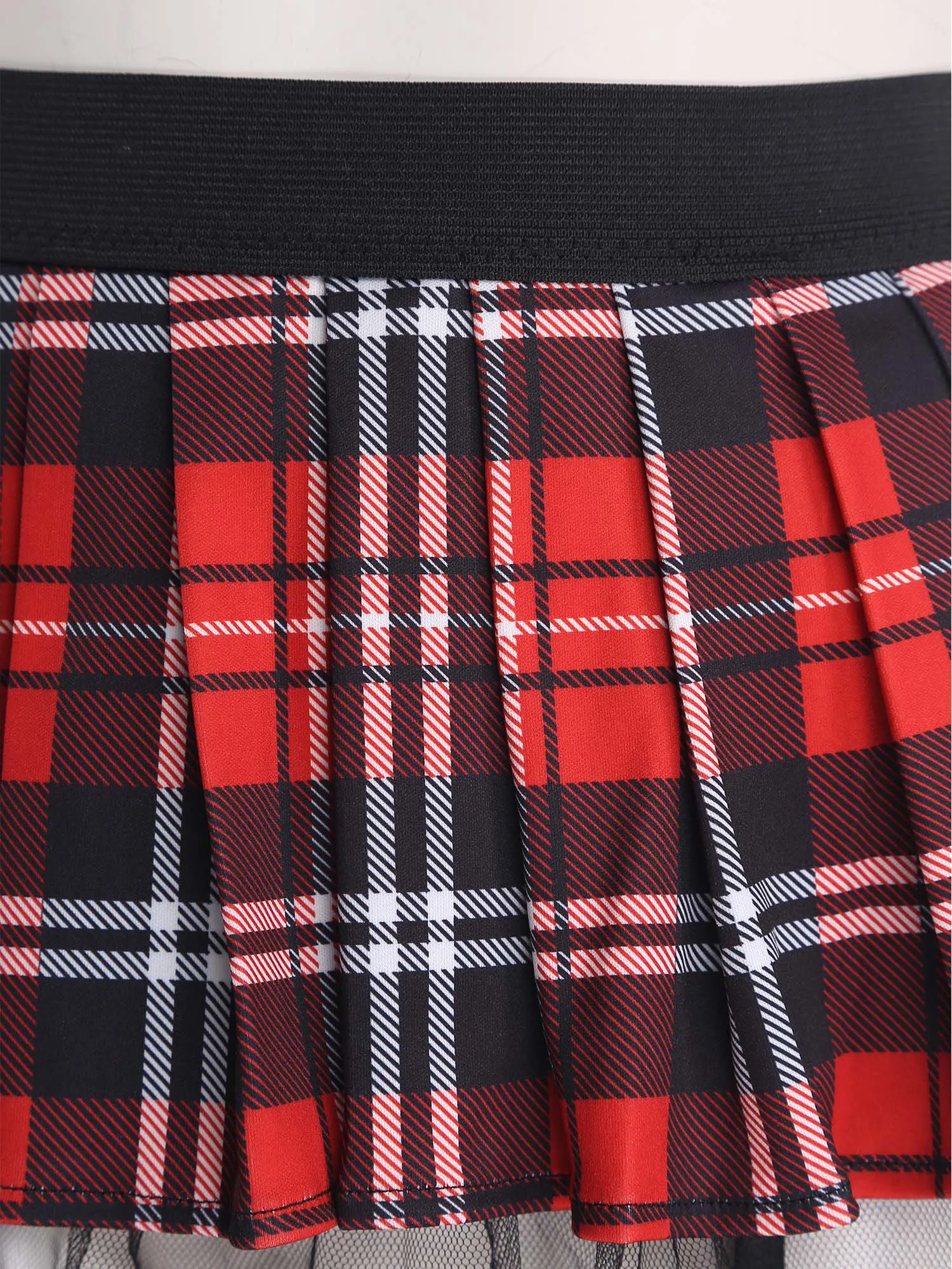Womens Schoolgirl Role Play Mini Skirt with Garters Pleated Plaid Layer Tulle Lining Elastic Waistband Skirts Nightclub Lingerie
