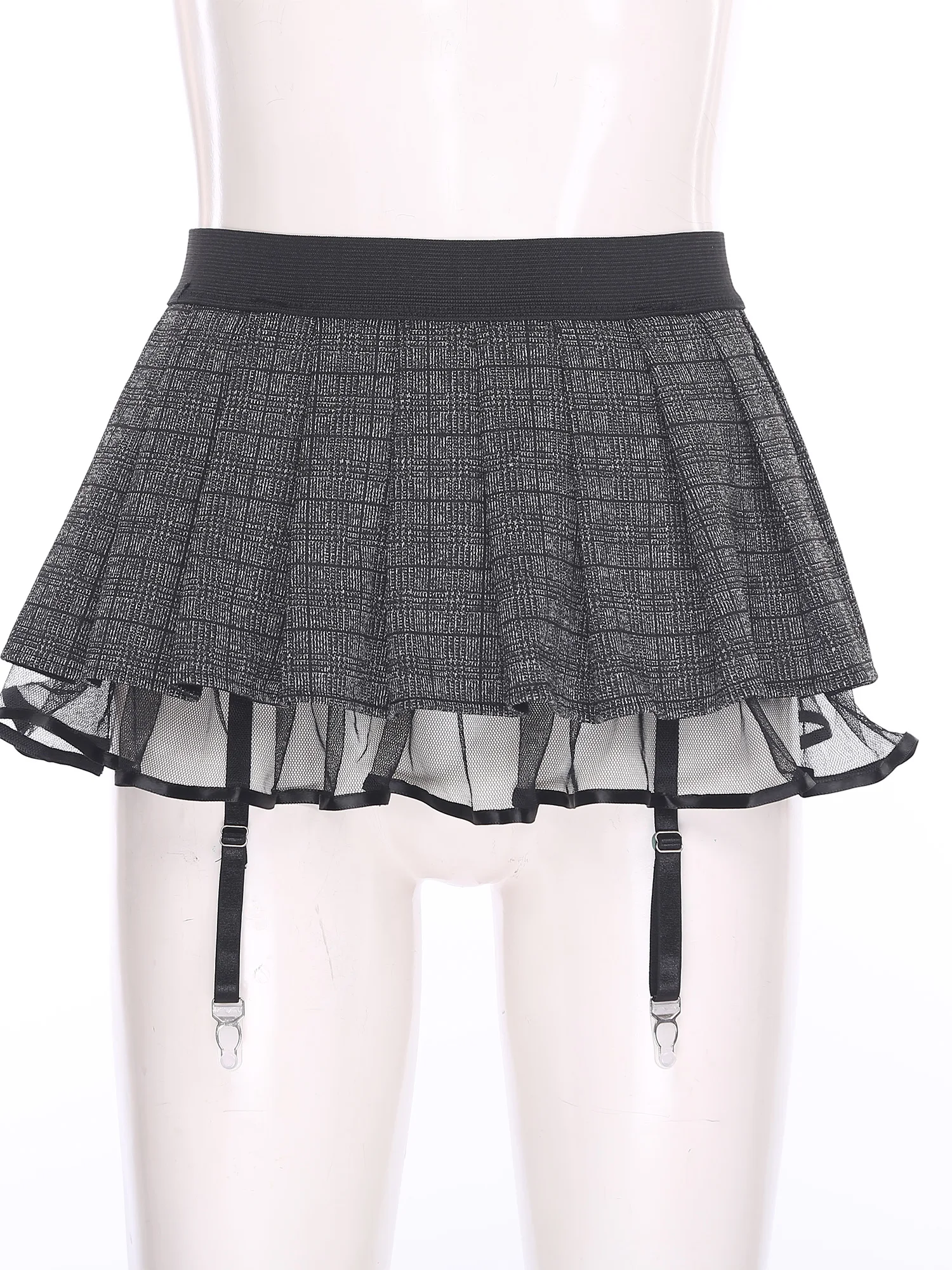 Womens Schoolgirl Role Play Mini Skirt with Garters Pleated Plaid Layer Tulle Lining Elastic Waistband Skirts Nightclub Lingerie