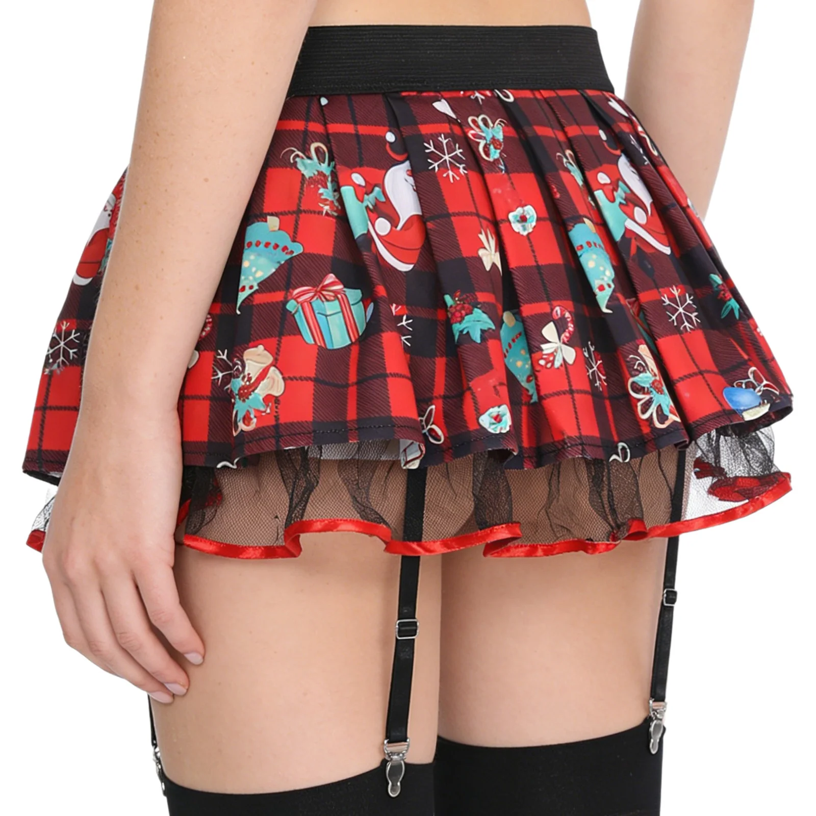 Womens Schoolgirl Role Play Mini Skirt with Garters Pleated Plaid Layer Tulle Lining Elastic Waistband Skirts Nightclub Lingerie