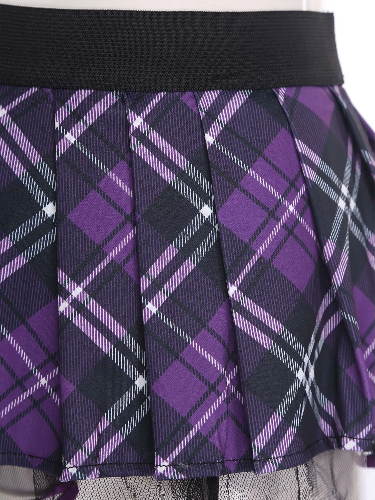 Womens Schoolgirl Role Play Mini Skirt with Garters Pleated Plaid Layer Tulle Lining Elastic Waistband Skirts Nightclub Lingerie