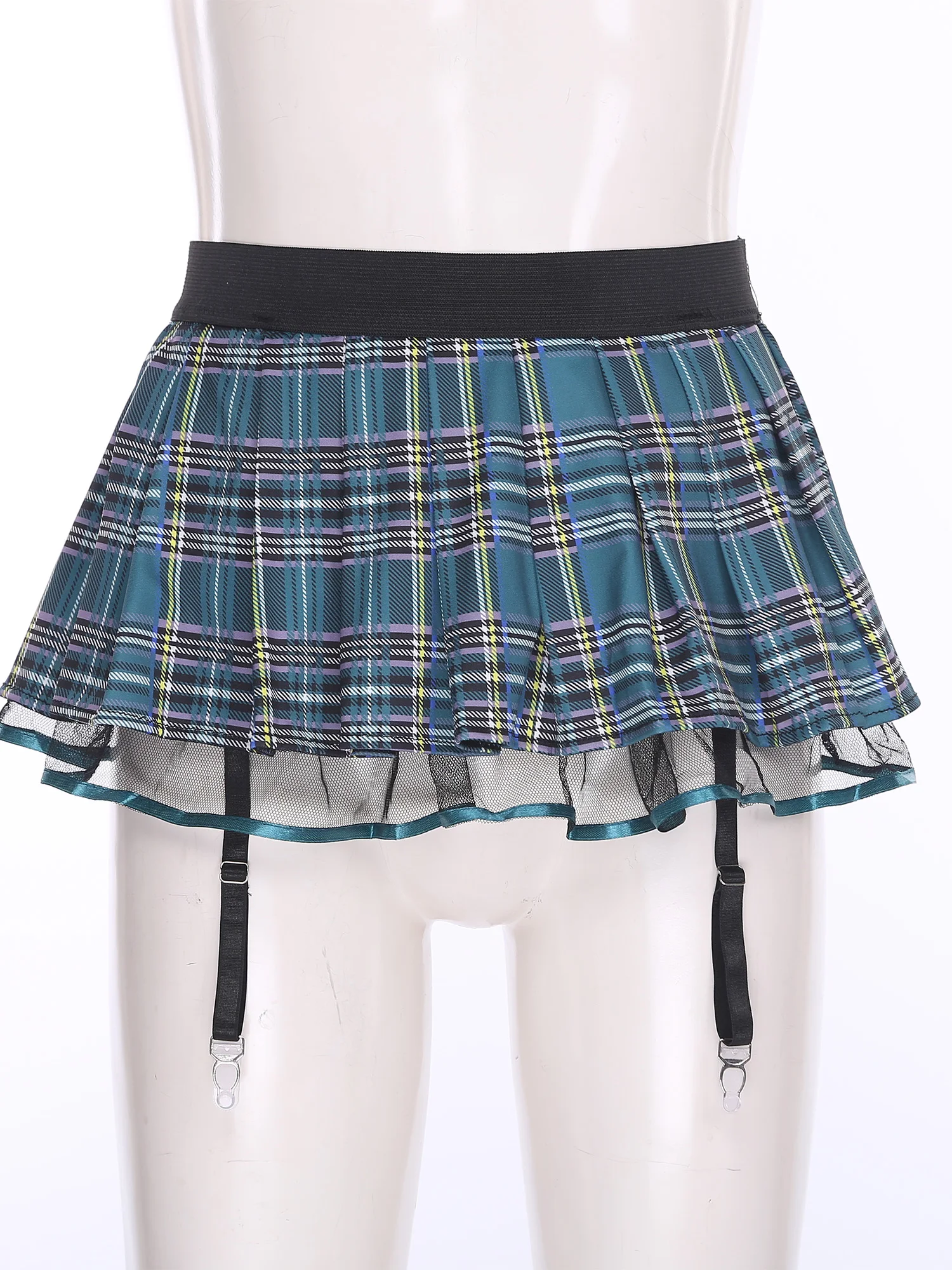 Womens Schoolgirl Role Play Mini Skirt with Garters Pleated Plaid Layer Tulle Lining Elastic Waistband Skirts Nightclub Lingerie