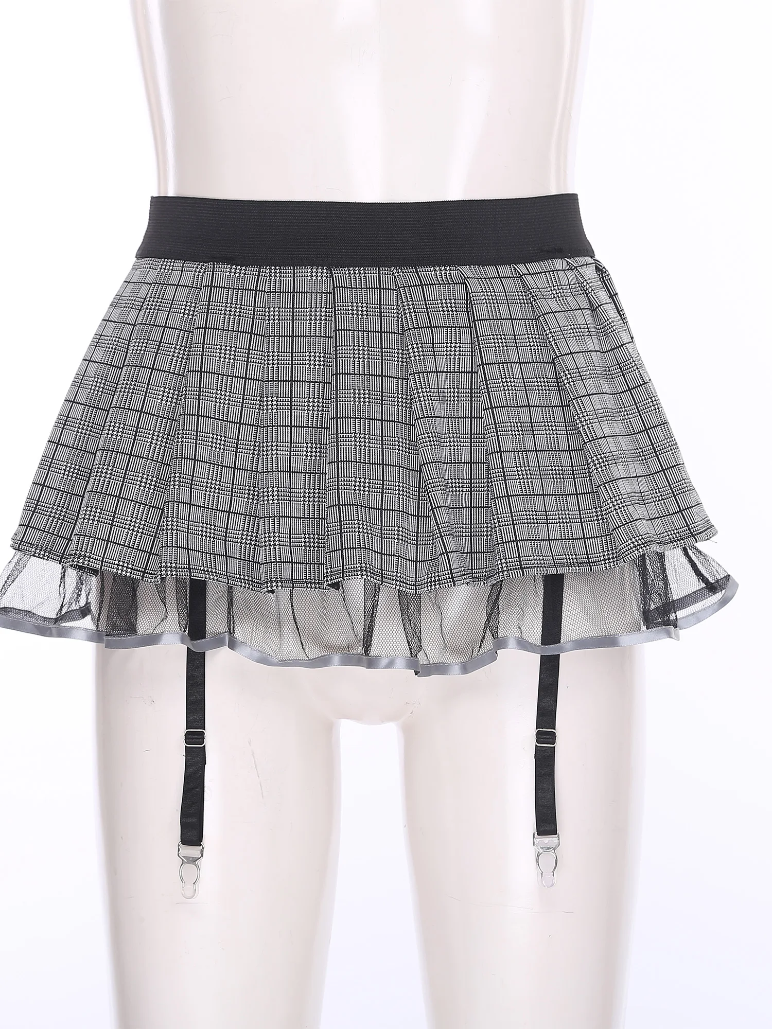 Womens Schoolgirl Role Play Mini Skirt with Garters Pleated Plaid Layer Tulle Lining Elastic Waistband Skirts Nightclub Lingerie