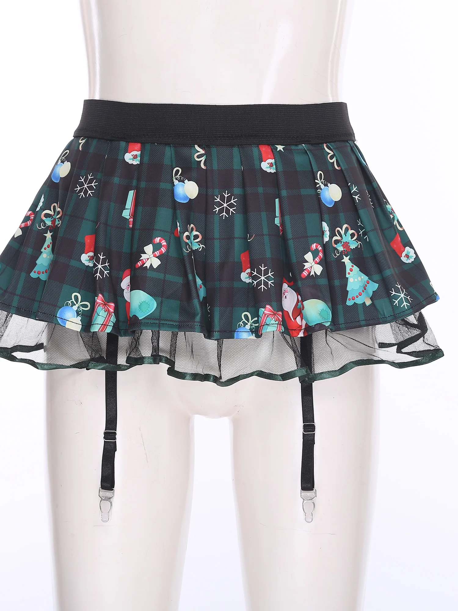 Womens Schoolgirl Role Play Mini Skirt with Garters Pleated Plaid Layer Tulle Lining Elastic Waistband Skirts Nightclub Lingerie