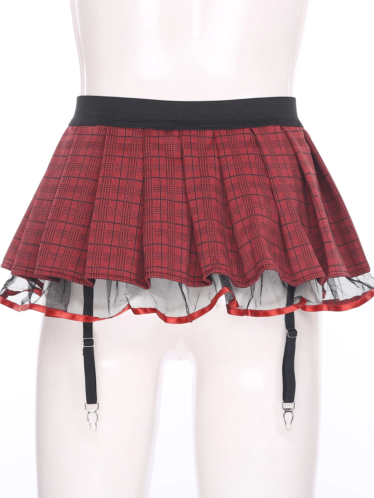 Womens Schoolgirl Role Play Mini Skirt with Garters Pleated Plaid Layer Tulle Lining Elastic Waistband Skirts Nightclub Lingerie