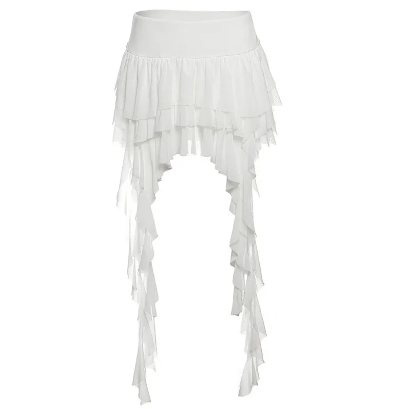 SylCue Ruched Elegant Mini Skirts Women Y2K Sweet Style Elastic Waist Ruffles Tassel Street Fashion Trend Solid Classic Outfits