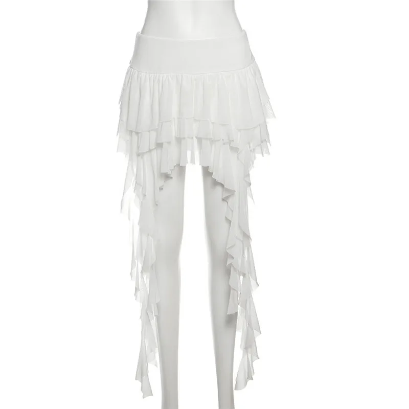SylCue Ruched Elegant Mini Skirts Women Y2K Sweet Style Elastic Waist Ruffles Tassel Street Fashion Trend Solid Classic Outfits