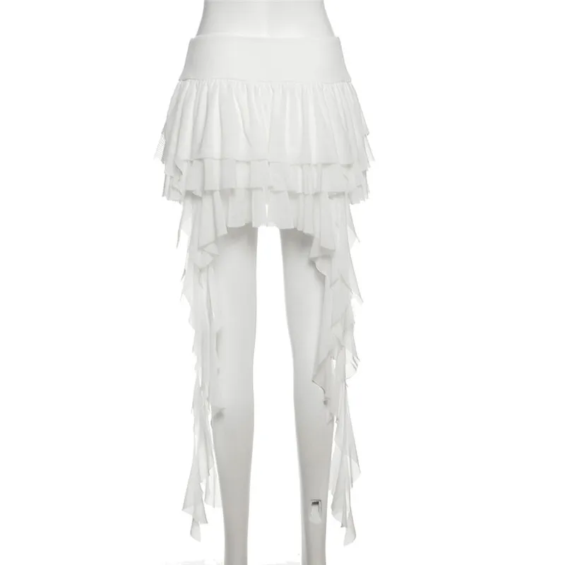 SylCue Ruched Elegant Mini Skirts Women Y2K Sweet Style Elastic Waist Ruffles Tassel Street Fashion Trend Solid Classic Outfits