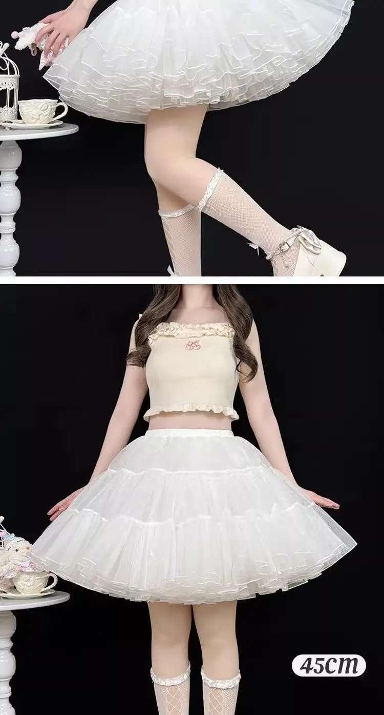 Sweet Lolita Jumper Skirt 35cm Short Length for Cute Look, 4-Layer Soft Tulle Cloud Petticoat, Boneless Support for Kawaii Style