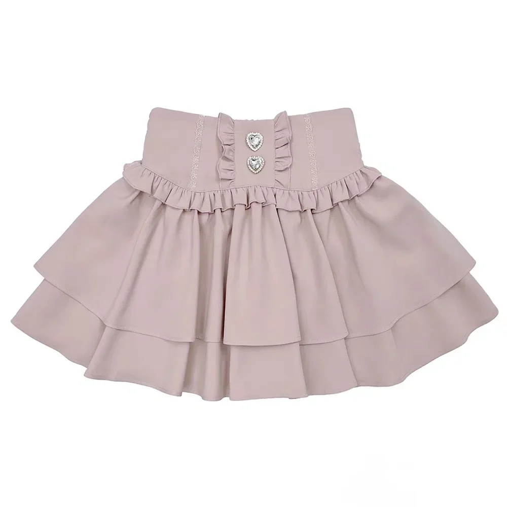 Japanese Cute Sweet Y2k Lolita Cake Skirt Women Hight Waist Rhinestone Plaid Ruffled Layered Skirts Kawaii A-Line Mini Skirts