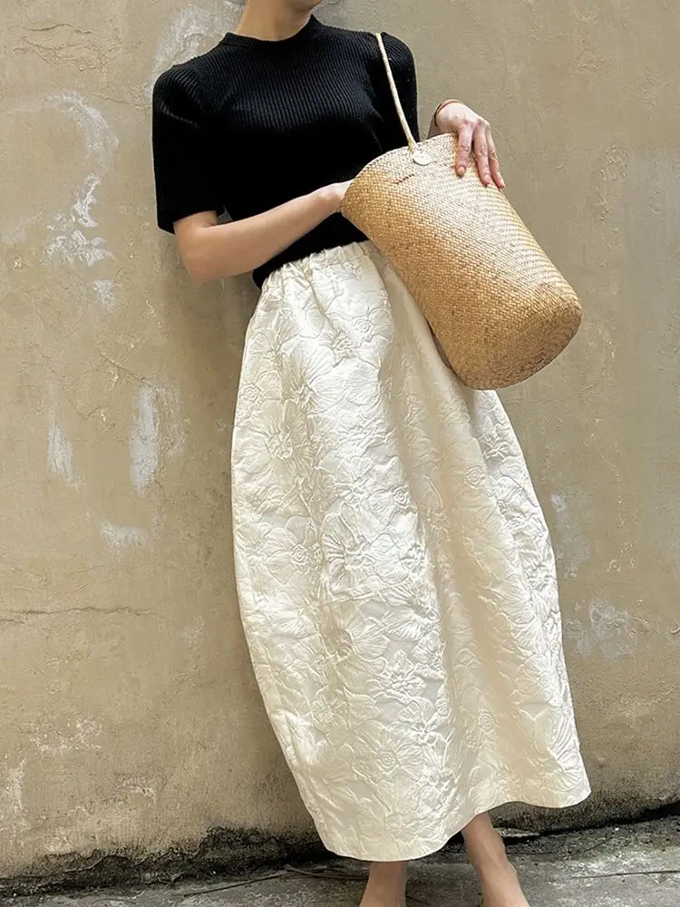 2024 New Arrival Spring/summer Arts Style Women Casual Loose Fit Elastic Waist A-line Jacquard Design Ankle-length Skirt P02