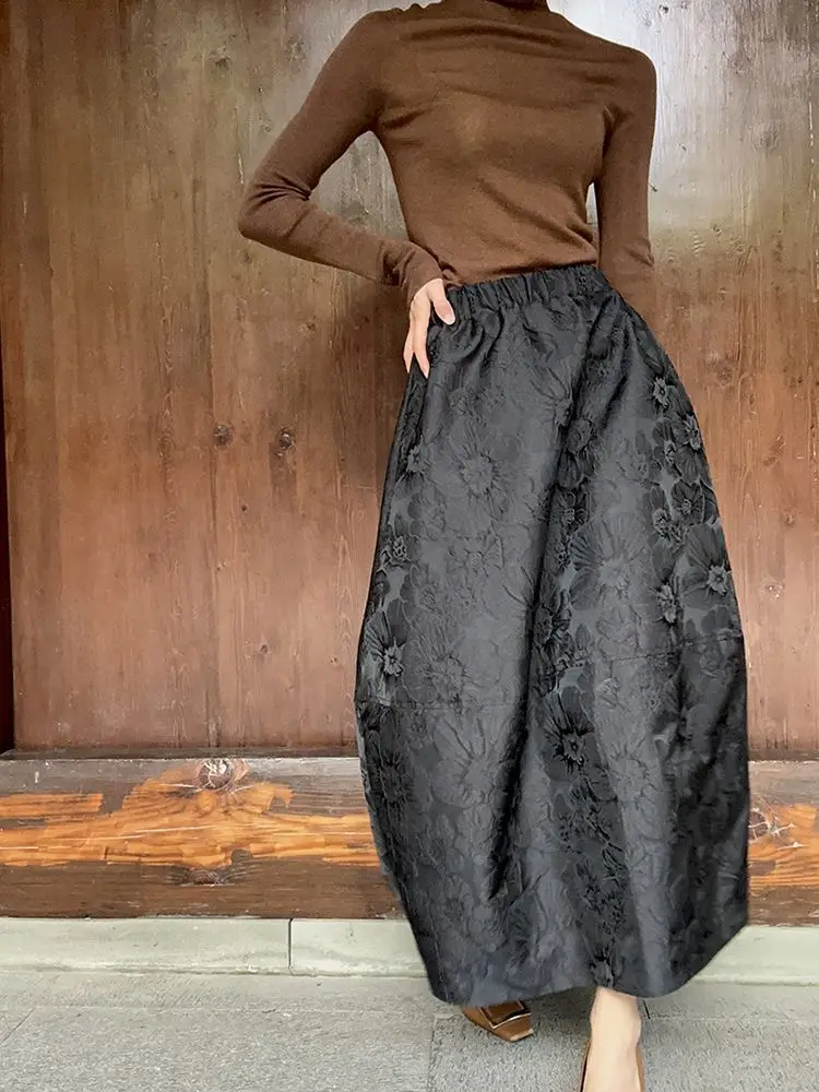 2024 New Arrival Spring/summer Arts Style Women Casual Loose Fit Elastic Waist A-line Jacquard Design Ankle-length Skirt P02
