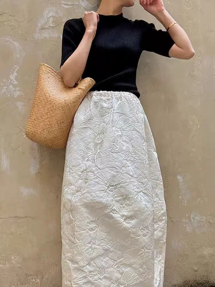 2024 New Arrival Spring/summer Arts Style Women Casual Loose Fit Elastic Waist A-line Jacquard Design Ankle-length Skirt P02
